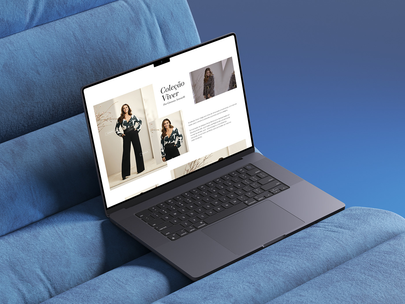 Notebook sobre sofá azul exibindo o site institucional da Lunender